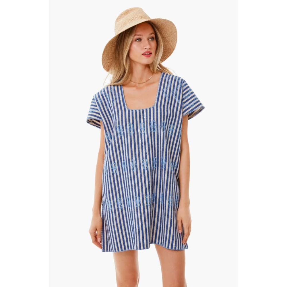Blue Stripe Mini Sullivan Embroidered Canvas Caftan Small New